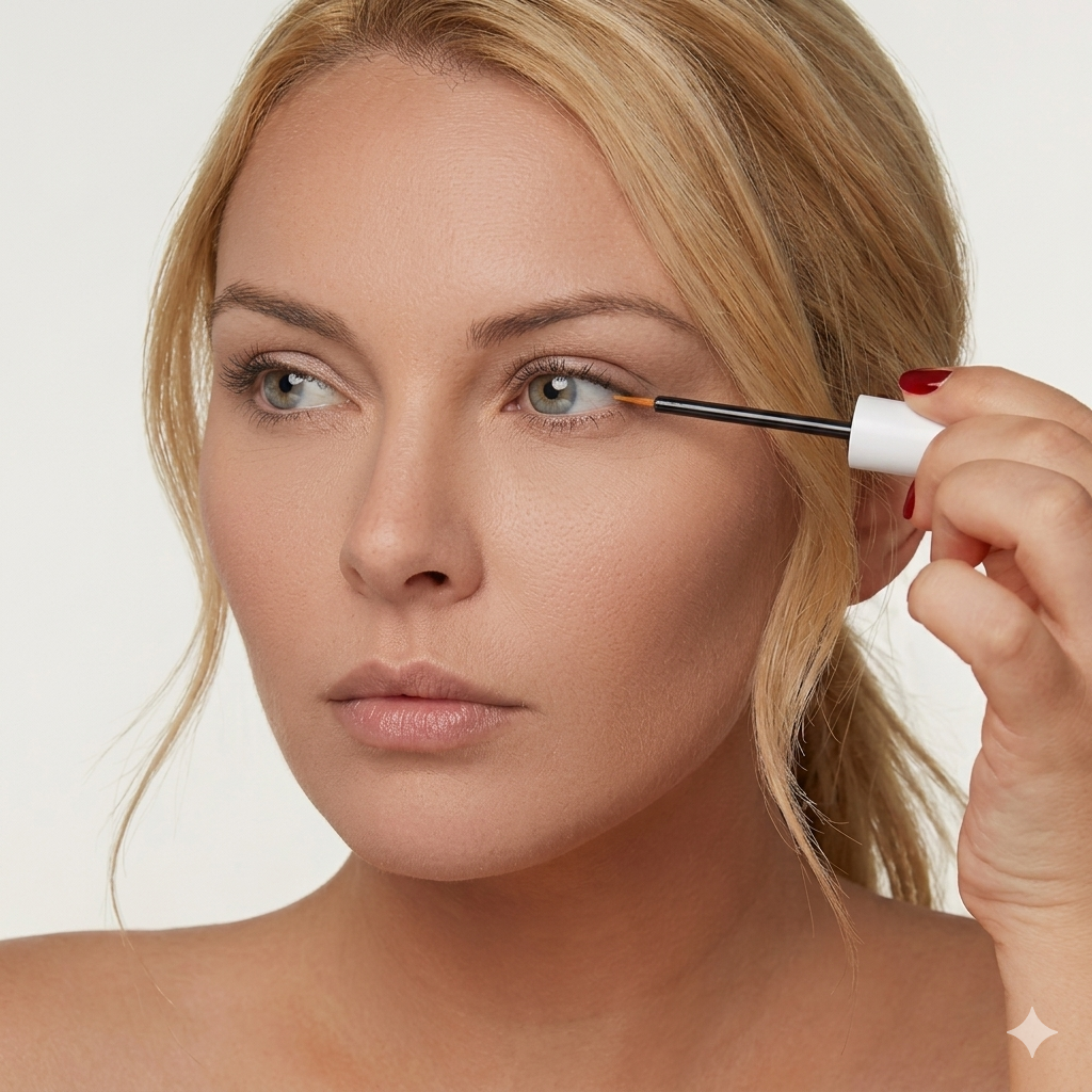 Vrouw brengt Lashthing wimperserum aan op bovenste wimperrand met applicator