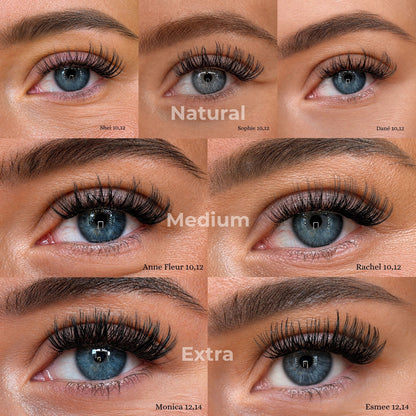 Vergelijking Lashthing cluster wimpers stijlen Natural, Medium en Extra