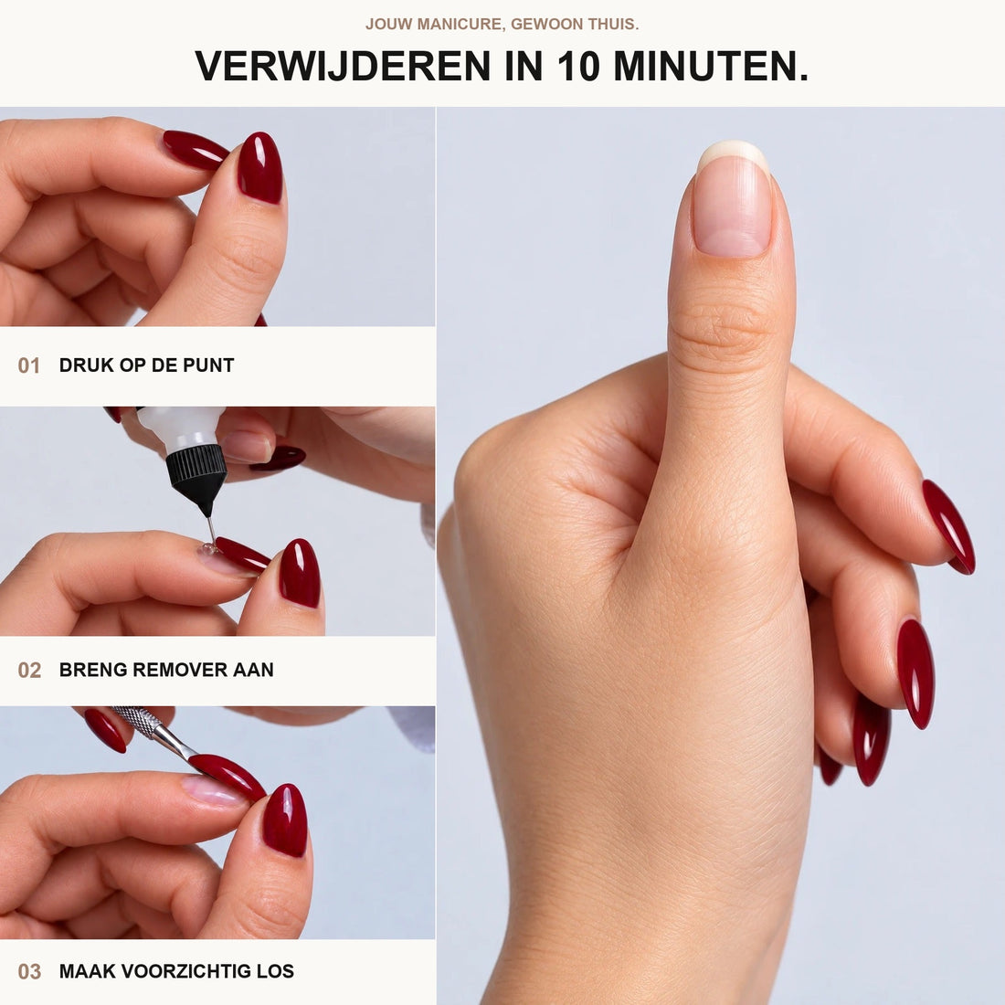 Verwijderen met de Lashthing Nail Remover: punt omlaag, remover eronder, loswippen.